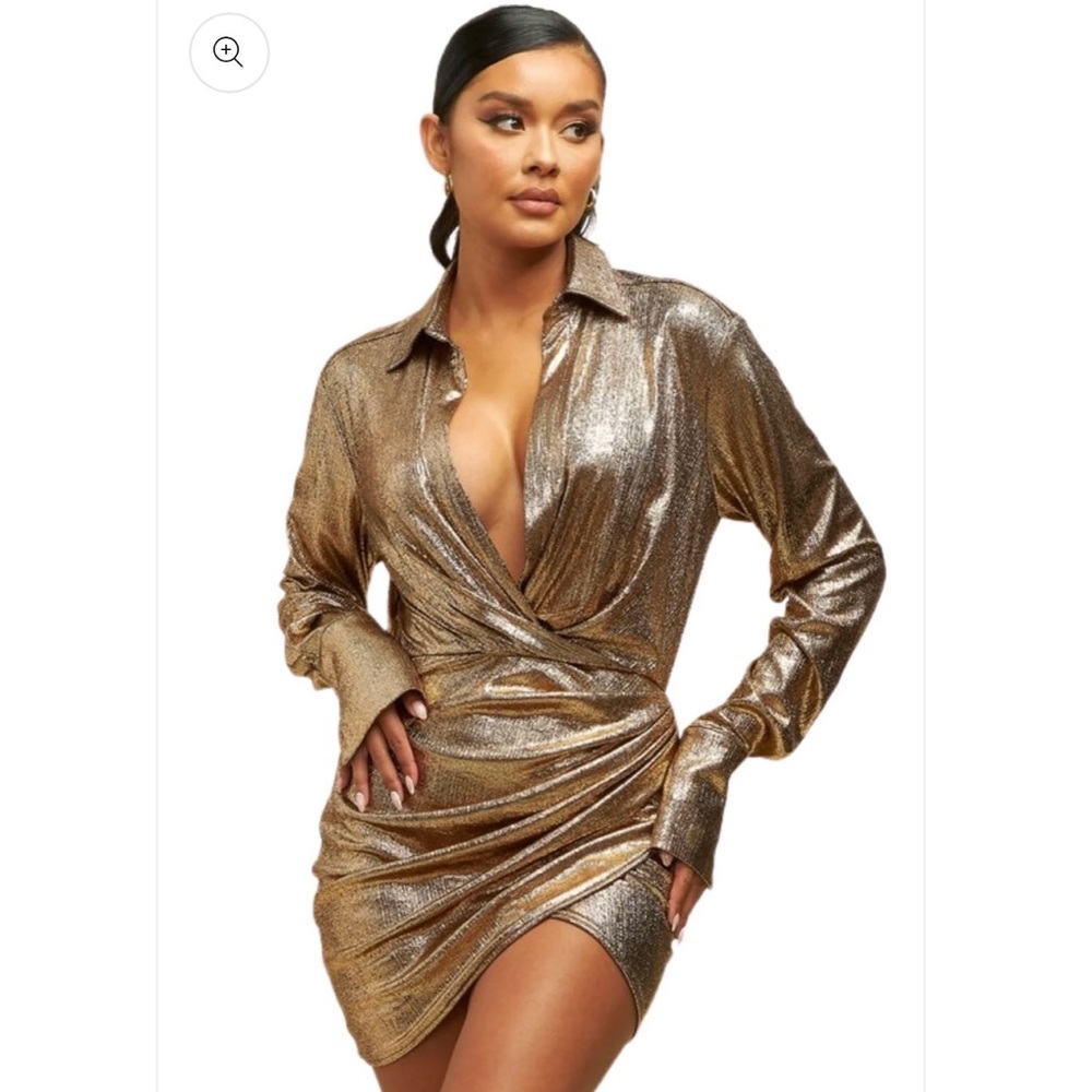 LUXXEL Shimmering Rose Gold Dress w/ Ruching